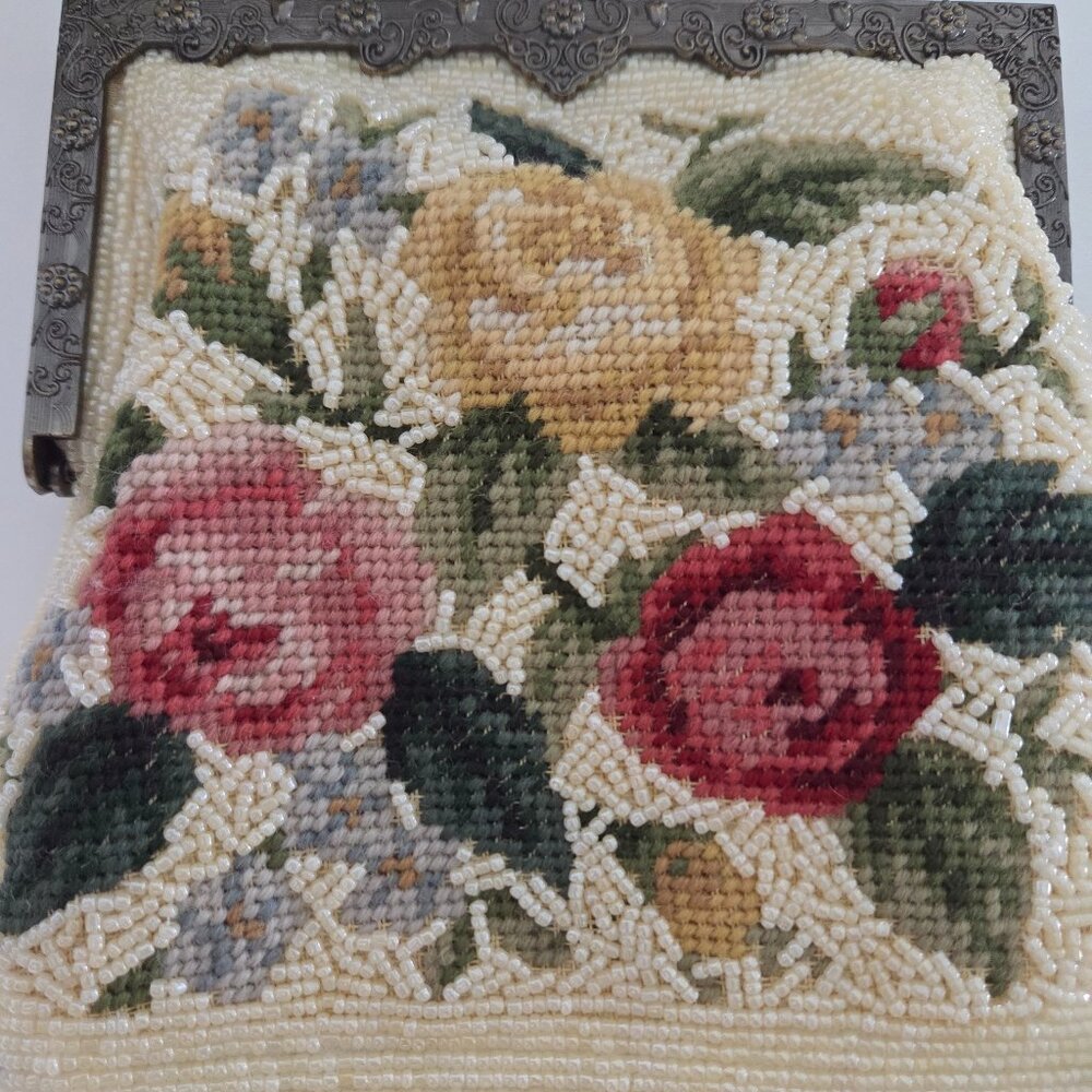 Vintage Floral Beaded & Needlepoint Purse - Picture 12 of 13